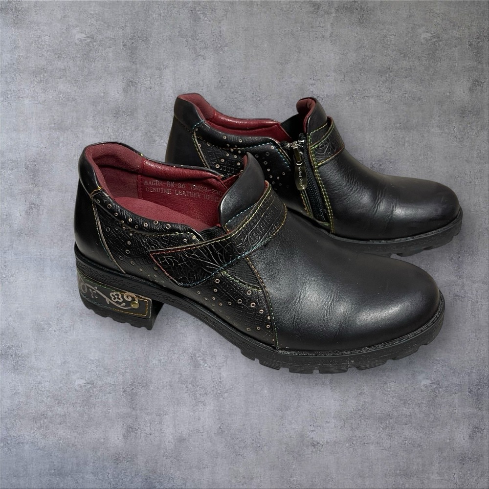 Spring Step L'Artiste Magda Black  Leather Shoes Bootie Womens‎ 36 US 6 Floral